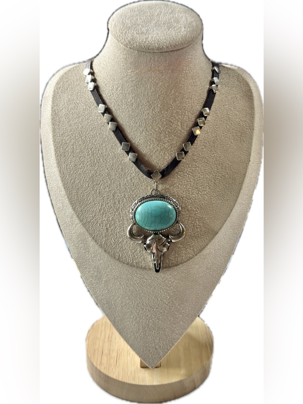 13” Idyllwind Turquoise and Silver Western Skull Pendant Necklace on Brown Cord
